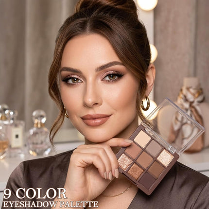 9-Color Chocolate Brown Eyeshadow Palette, Matte Shimmer Glitter, Waterproof Makeup Set