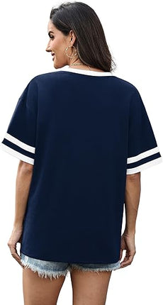 Women’s Loose Fit V Neck Color Block T Shirts Short Sleeve Summer Tops S–4XL