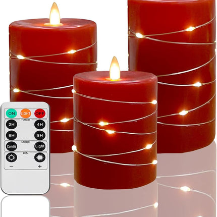 3 Pack Red Flameless Pillar Candles with Remote, Timer & String Lights