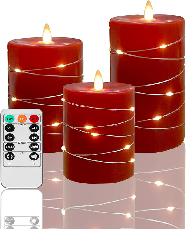 3 Pack Red Flameless Pillar Candles with Remote, Timer & String Lights