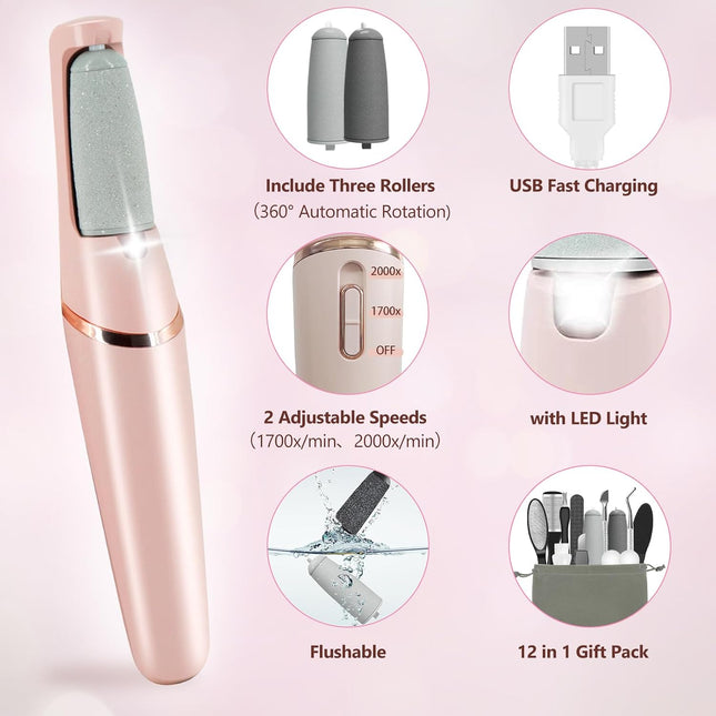 12-in-1 Electric Foot Callus Remover, Rechargeable Pedicure Kit for Dry Skin & Feet Care