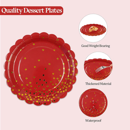 50PCS Red & Gold Dot Dinnerware – Disposable Plates & Napkins for Parties