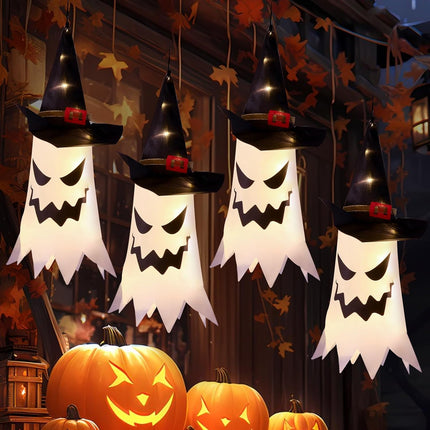 4-Piece Glowing Halloween Ghost & Witch Hat Hanging Decor for Yard, Tree & Garden