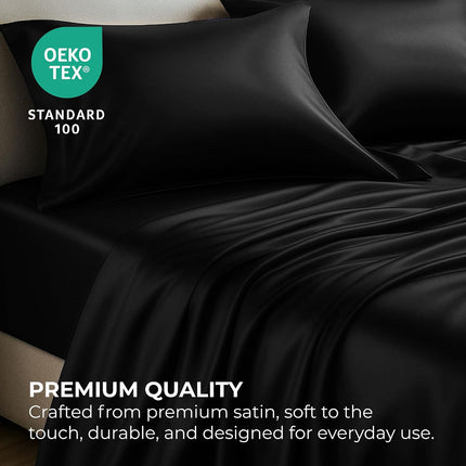 Queen Satin Sheets 4-Piece Black, Silky Soft 1800 Microfiber, Deep Pocket