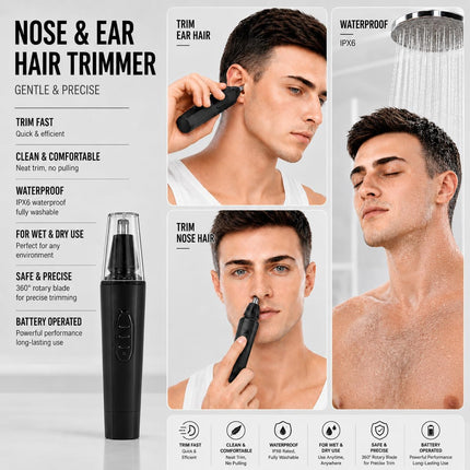 IPX7 Waterproof Nose & Ear Hair Trimmer, Dual-Edge Blades, Electric Facial Grooming Kit