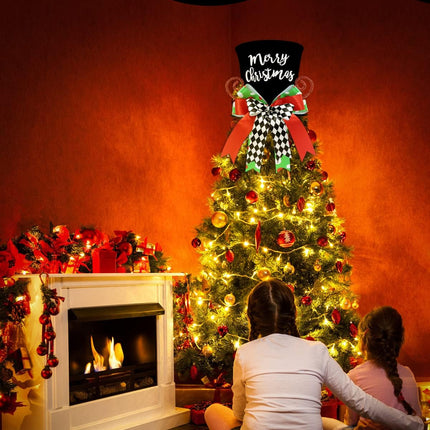 Holiday Tree Topper Top Hat – Whimsical Xmas Decor with Buffalo Check Bows