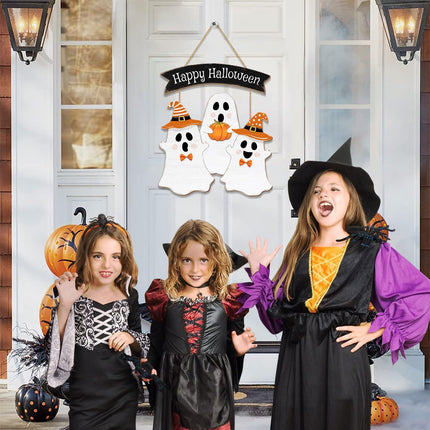 Halloween BOO Ghost Door Sign, Wooden Happy Halloween Pumpkin Hanger for Front Door