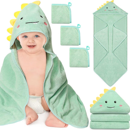 4PCS Baby Bath Towels Set, Dinosaur Hooded Towel & 3 Washcloths, Soft Infant Essentials