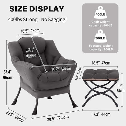 Dark Grey Lazy Chair with Ottoman, Padded Lounge Accent Chair with Side Pocket
