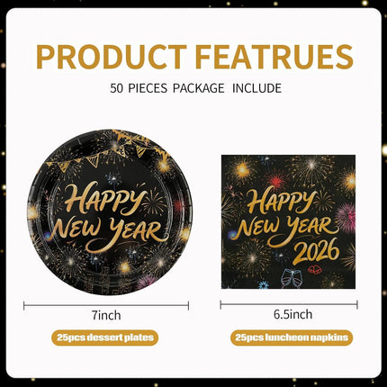 Happy New Year 2026 Tableware Set – 50-Pc Black & Gold Plates & Napkins