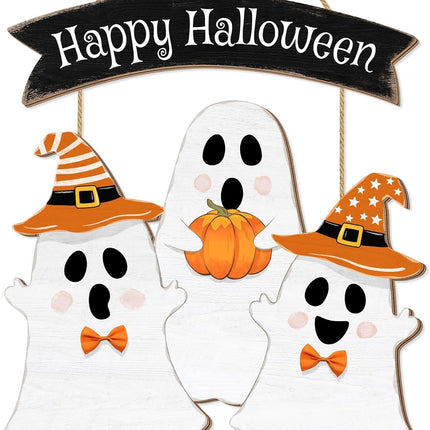 Halloween BOO Ghost Door Sign, Wooden Happy Halloween Pumpkin Hanger for Front Door