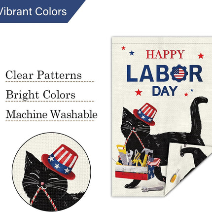 Happy Labor Day Black Cat Garden Flag 12x18 Double Sided Burlap Flag Only