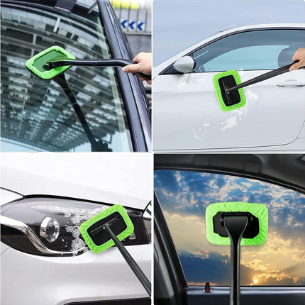 Car Windshield Cleaning Tool 5 Reusable Microfiber Pads Extendable Handle Green
