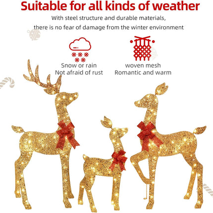 3-Piece 2D Lighted Deer Set with 145 LEDs, Outdoor Xmas Yard Decoration, Gold