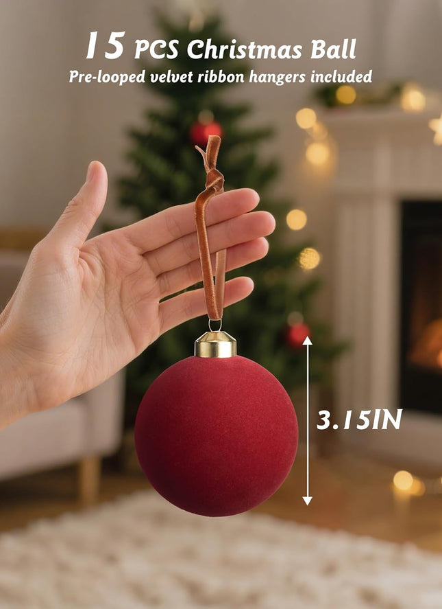 15PCS Velvet Christmas Balls Red Flocked Ornaments for Tree & Party Decor