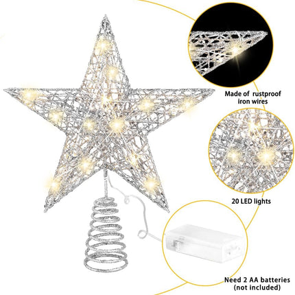 11.8" Silver Christmas Tree Topper Star – Lighted 20 LED Treetop Decoration