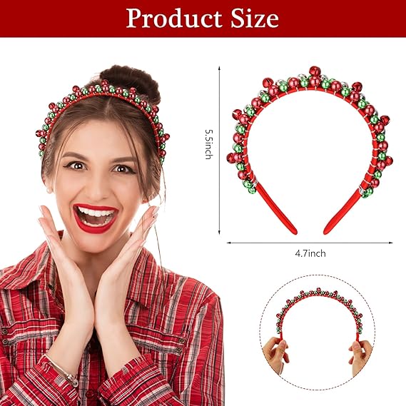 2-Pack Christmas Headbands – Red, Green & Silver Holiday Bells for Women