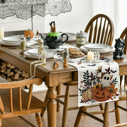 210 GSM Halloween Table Runner 13x72in, Pumpkin Ghost Spider Web Dining Decor