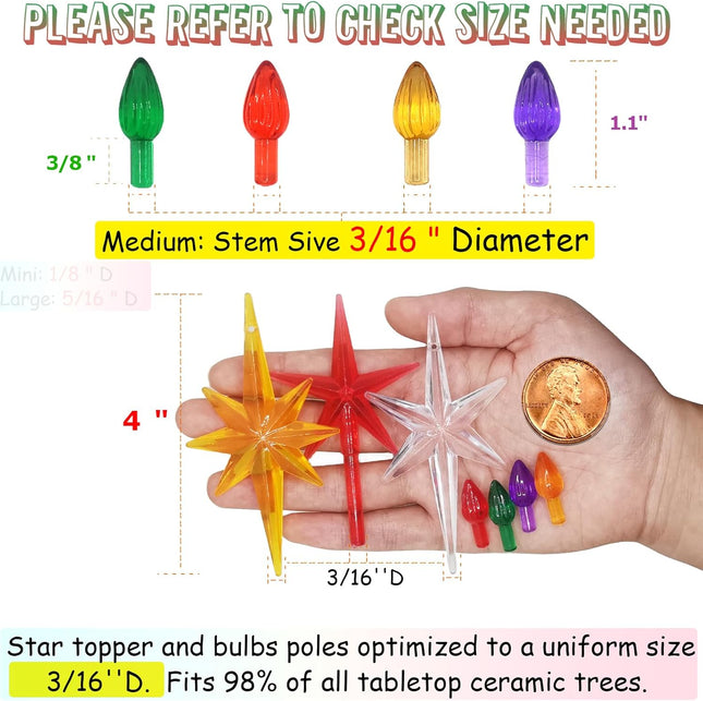 Ceramic Christmas Tree Replacement Bulbs Set – 117 Multicolor Lights + 5 Star Toppers