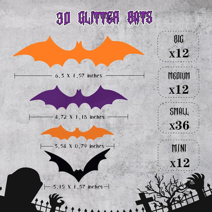 72-Piece 3D Halloween Bat Wall Stickers, 4 Sizes, PVC Indoor Outdoor Decor