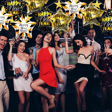 9-Piece Happy New Year Balloons – Black & Gold Star Foil Party Supplies