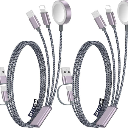 2-Pack 3-in-2 Multi Charging Cable – USB A/Type-C/Lightning for iPhone & Apple Watch
