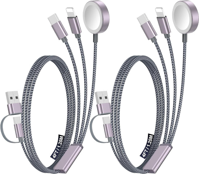 2-Pack 3-in-2 Multi Charging Cable – USB A/Type-C/Lightning for iPhone & Apple Watch