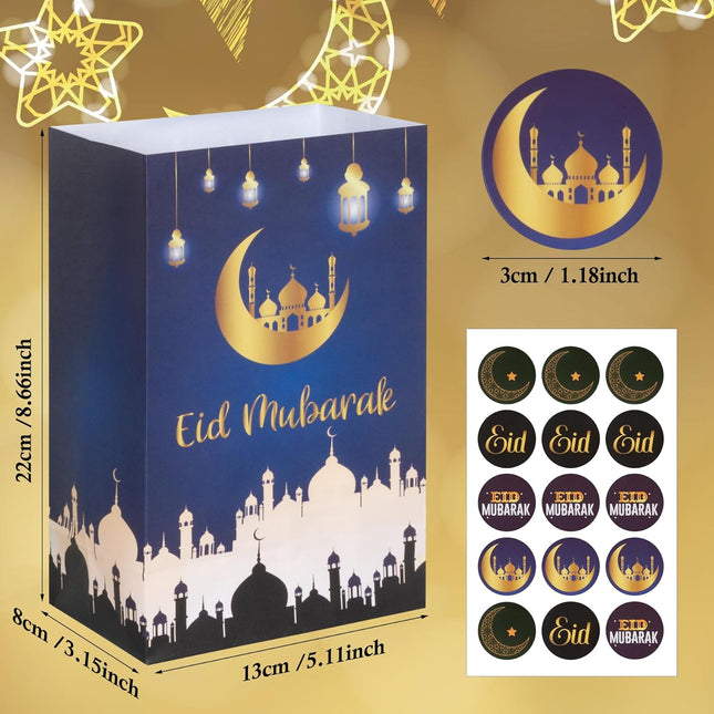 24PCS Eid Mubarak Treat Bags with Stickers 4 Patterns Ramadan Party Favors