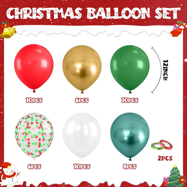 12" Christmas Balloons – Red, Green, White & Gold Latex Party Decorations