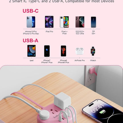 Pink Extension Cord with USB C, Kawaii Power Strip with 3 Outlets & 4 USB