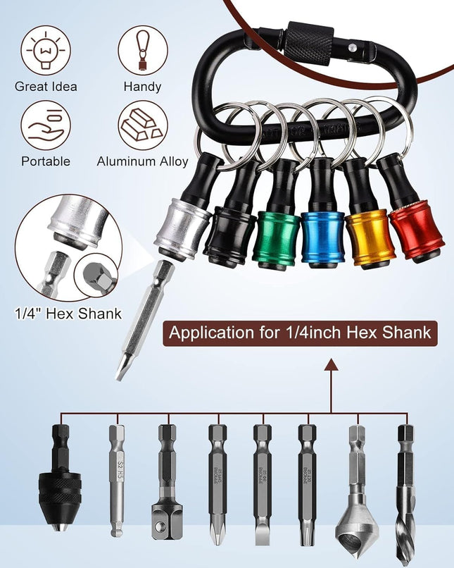 6PCS Aluminum Alloy Screwdriver Bit Holders – 1/4" Hex Shank, Quick-Change, with Black Carabiner