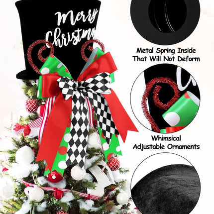 Holiday Tree Topper Top Hat – Whimsical Xmas Decor with Buffalo Check Bows