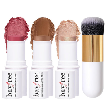 3Pcs Face Sticks Trio, Blush Highlighter Contour Makeup Sticks with Brush, Blendable