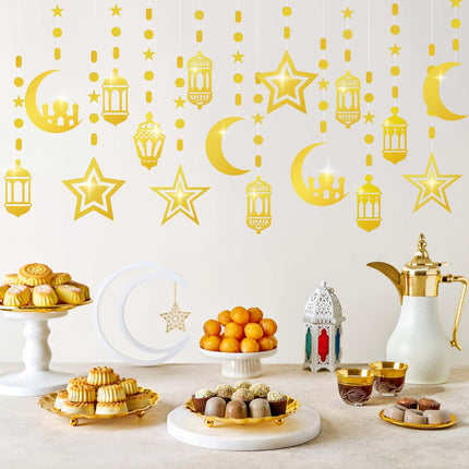 16Pcs Ramadan Decorations – Gold Star, Moon & Lantern Garland for Eid Mubarak