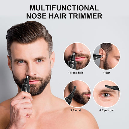 2-in-1 Rechargeable Nose & Ear Hair Trimmer, IPX7 Waterproof, Dual-Edge Blades, Black Silver