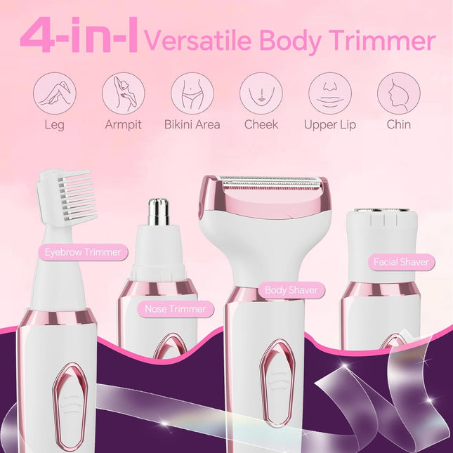 4-in-1 Women Electric Razor Bikini Trimmer Wet Dry Face Body Pubic Hair Shaver