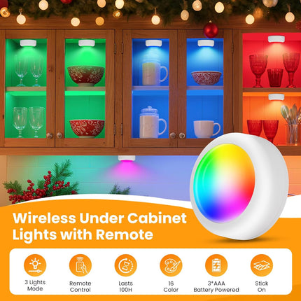 LED Puck Lights 3 Pack, 16 Color RGB Under Cabinet Lights with Remote, Dimmer & Timer