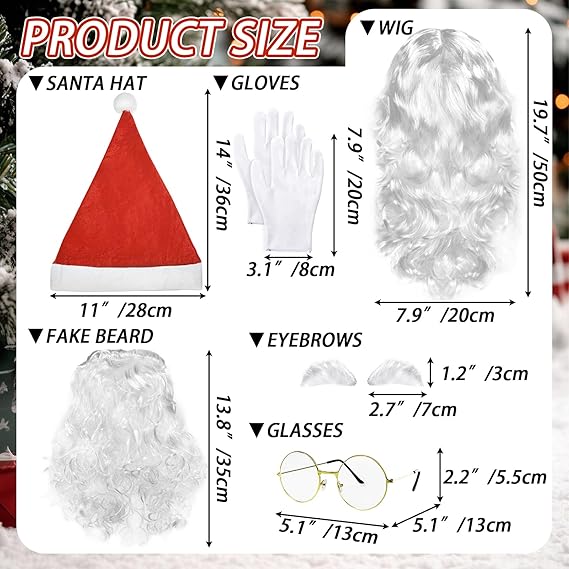 6Pcs Santa Costume Accessory Set – Includes Santa Hats, Wigs, Beards, Eyebrows, Glasses & Gloves