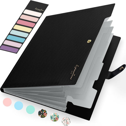 5 Pocket Expanding File Folder with Labels Portable Document Organizer Black