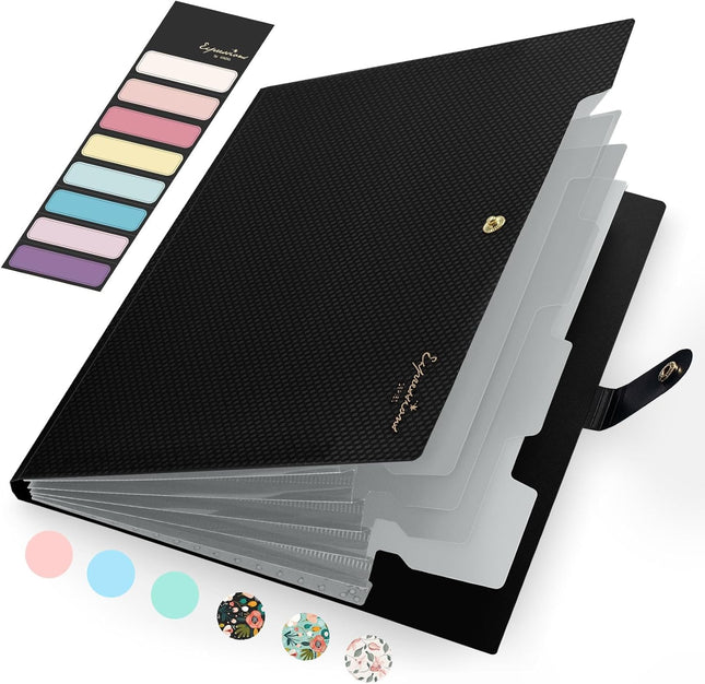 5 Pocket Expanding File Folder with Labels Portable Document Organizer Black