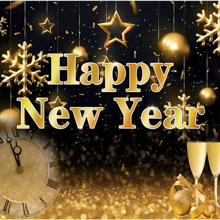 Happy New Year Eve Party Backdrop – Black & Gold Photo Booth Decoration