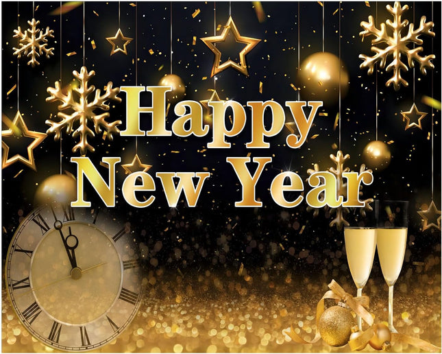 Happy New Year Eve Party Backdrop – Black & Gold Photo Booth Decoration
