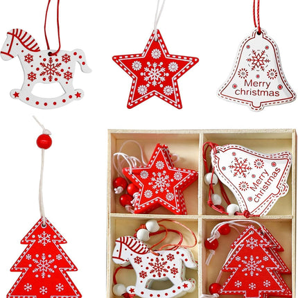 12PCS Star Wooden Christmas Ornaments – Red & White Hanging Tree Decorations