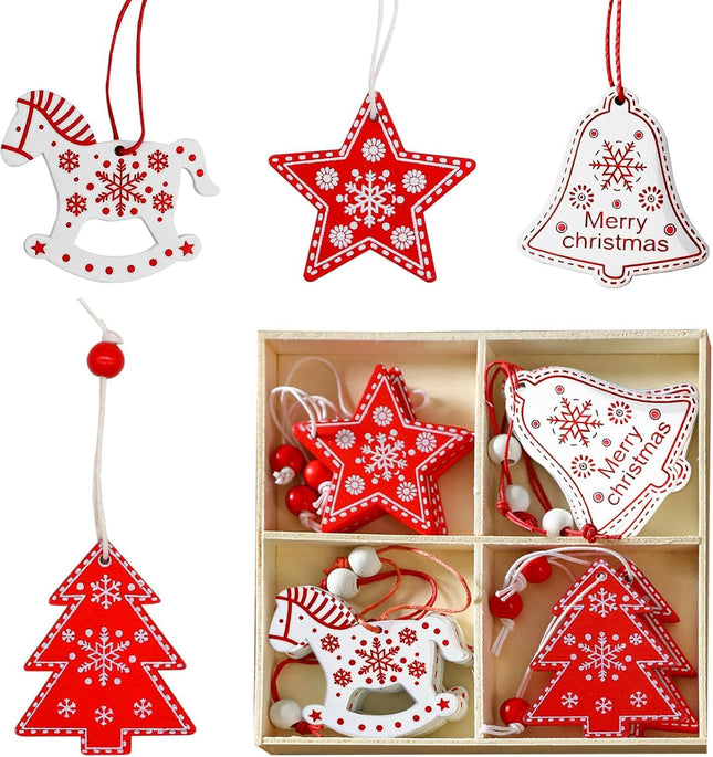 12PCS Star Wooden Christmas Ornaments – Red & White Hanging Tree Decorations