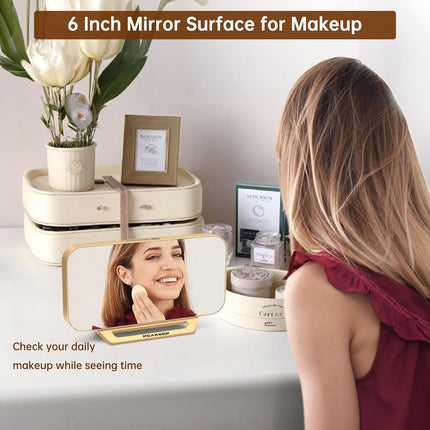 Slim Digital Mirror Alarm Clock – LED Display, Battery Backup, Gold, for Bedroom