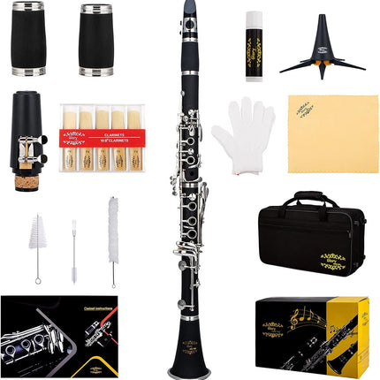 GLY-PBK Ebonite Bb Clarinet – 10 Reeds, Stand, Case, Cleaning Cloth & Accessories