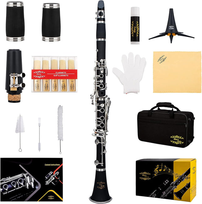 GLY-PBK Ebonite Bb Clarinet – 10 Reeds, Stand, Case, Cleaning Cloth & Accessories