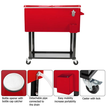 80Qt Red Cooler Box Black Square Foot Tube w/ Drain Pipe Ice Chest Storage