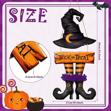 Halloween Witch Trick or Treat Wooden Door Sign, Black Hat Boots Porch Wall Decor