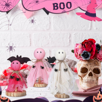 3-Piece Pink Ghost Halloween Table Decor, Rustic Wooden Stand Tiered Tray Centerpiece